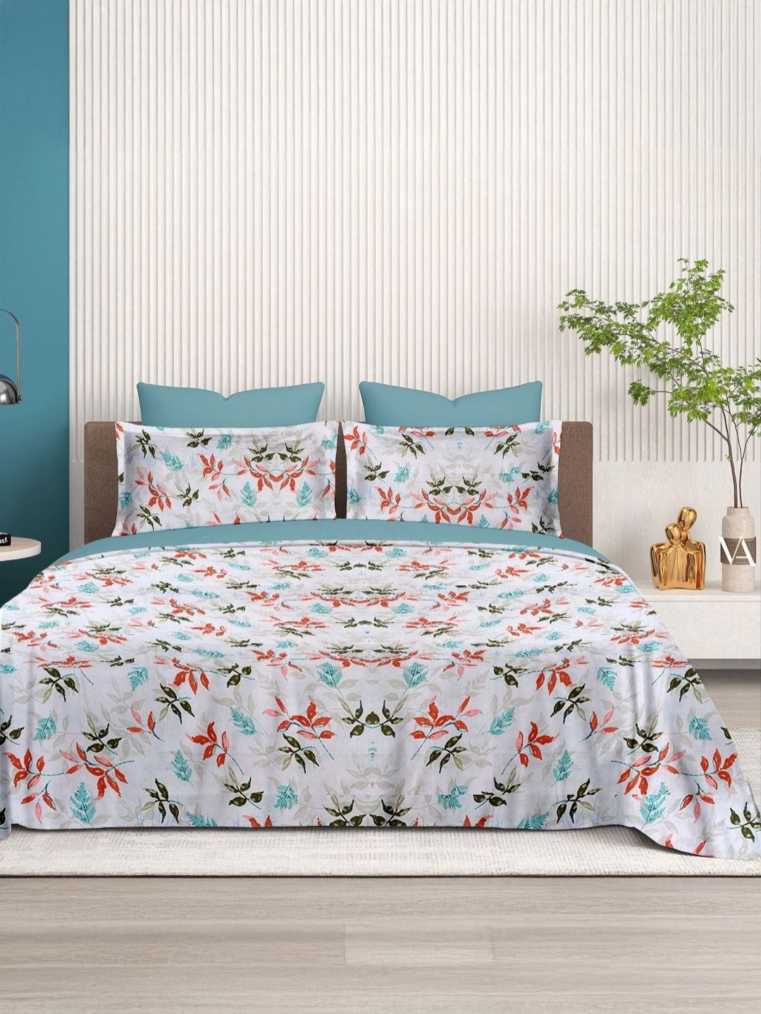 Cortina Glazed Cotton Red & White Floral 140 TC King Bedsheet with 2 Pillow Covers