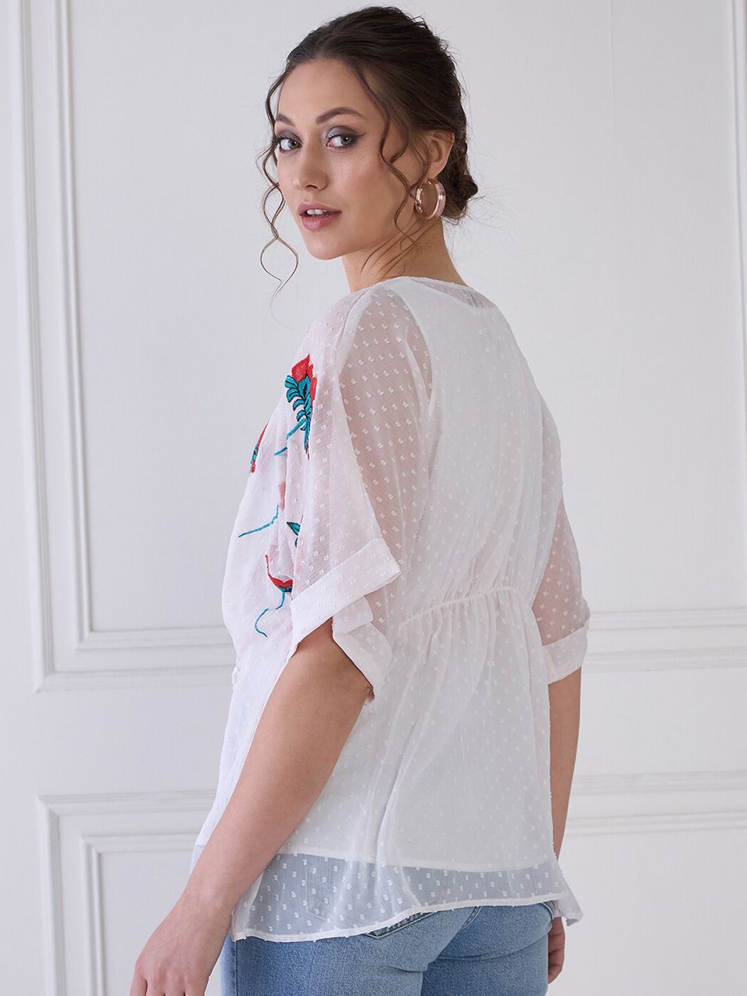 Antheaa Floral Embroidered Extended Sleeves Chiffon Kaftan Top