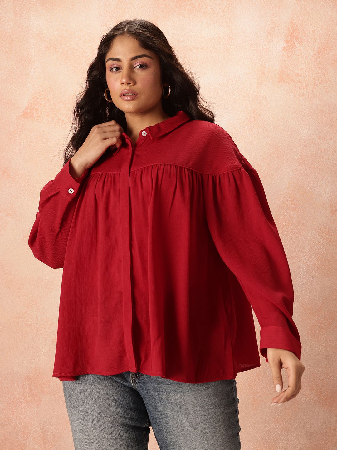 all about you Plus Size Puff Sleeves Shirt Style Longline Top
