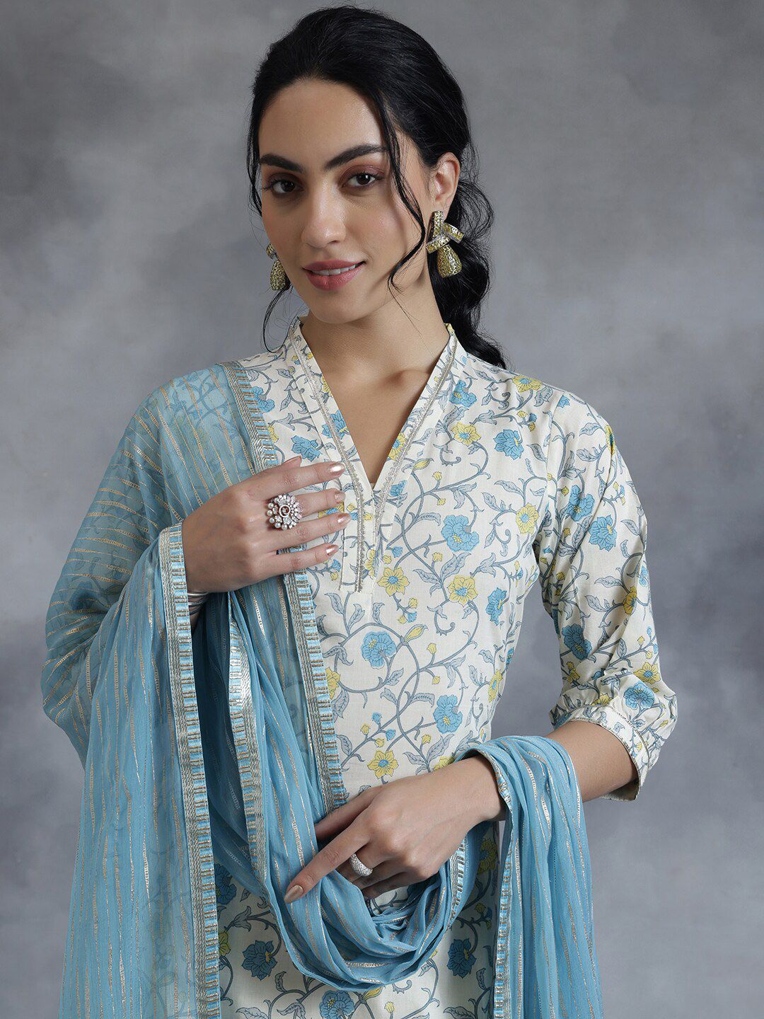 Libas Floral Printed Straight Gotta Patti Pure Cotton Kurta with Salwar & Dupatta
