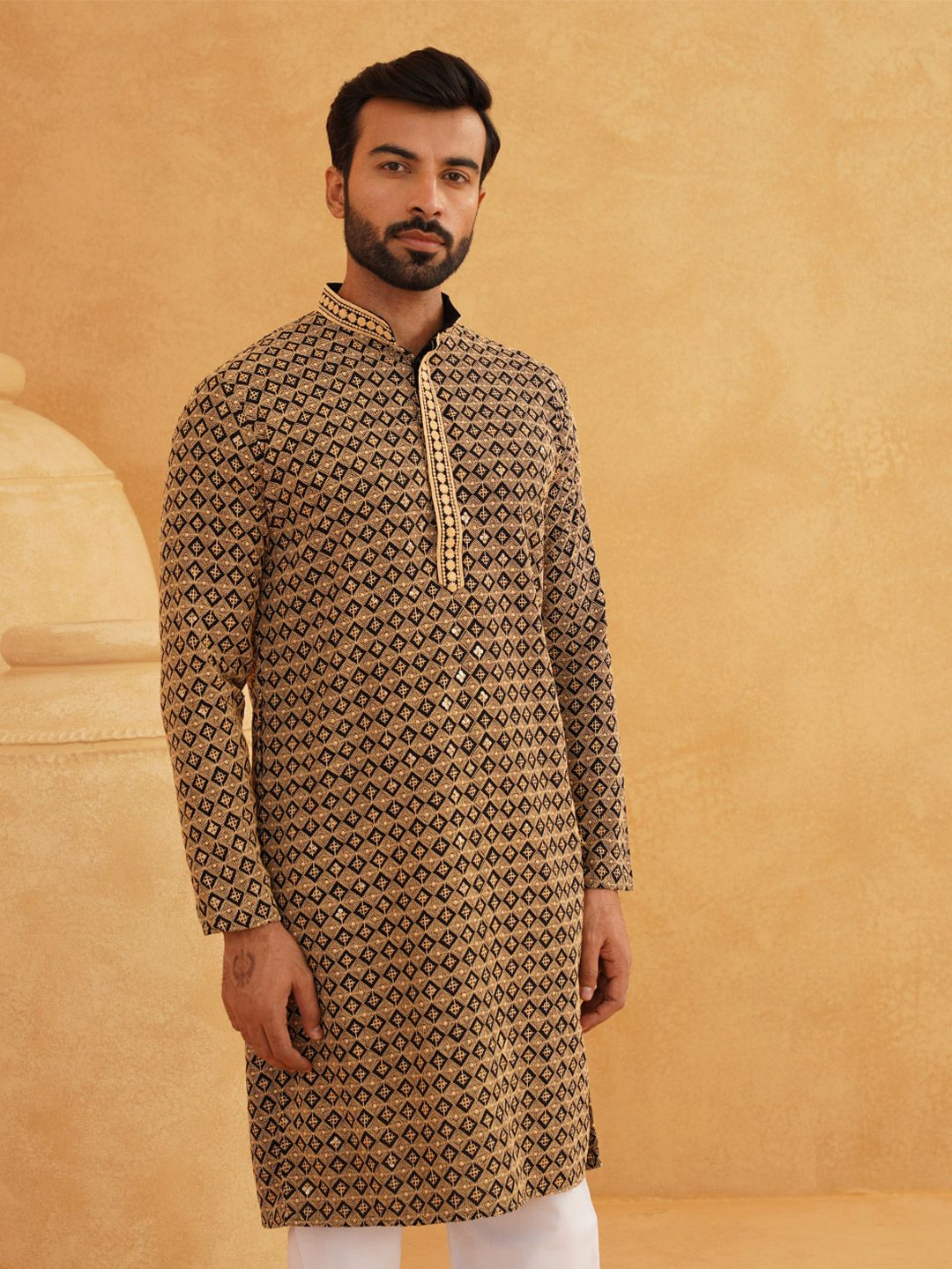 SOJANYA Kurta Lurus Labuci Sulam Geometrik Kapas Tulen