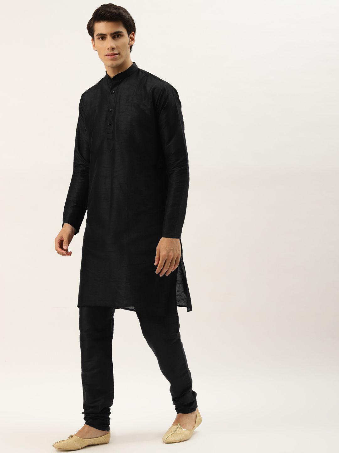 SOJANYA Men Black Solid Kurta with Churidar & Nehru Jacket