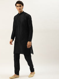 SOJANYA Men Black Solid Kurta with Churidar & Nehru Jacket