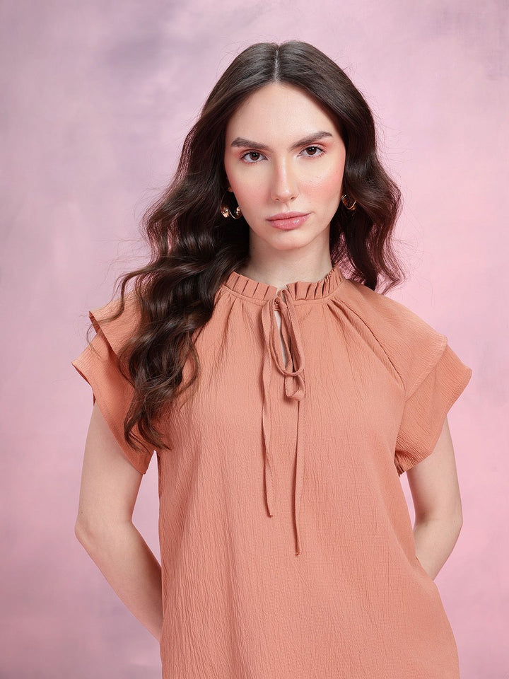 DressBerry Crinkled Effect Tie-Up Neck Flutter Sleeves Top with Ruffled Detail