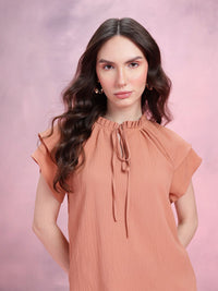 DressBerry Crinkled Effect Tie-Up Neck Flutter Sleeves Top with Ruffled Detail