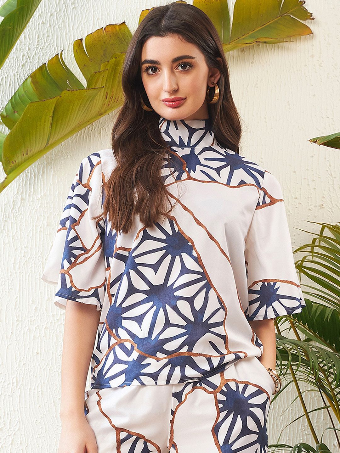 SASSAFRAS White Abstract Printed High Neck Top With Palazzos