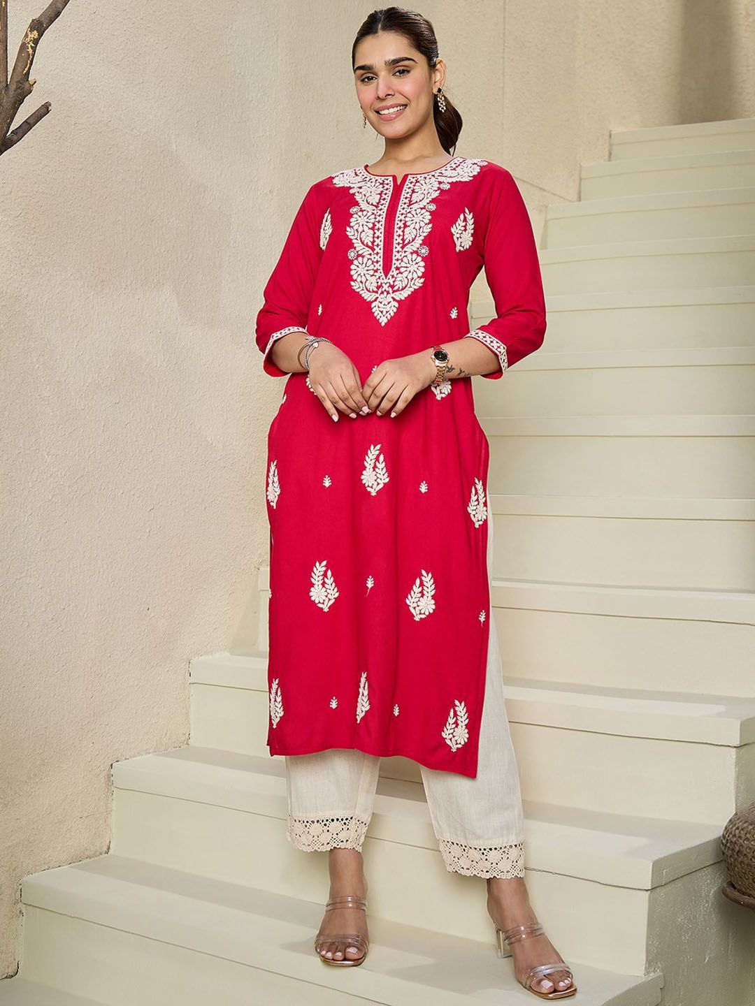Indo Era Floral Embroidered Notch Neck Kurta