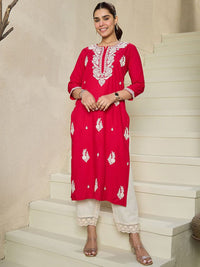 Indo Era Floral Embroidered Notch Neck Kurta