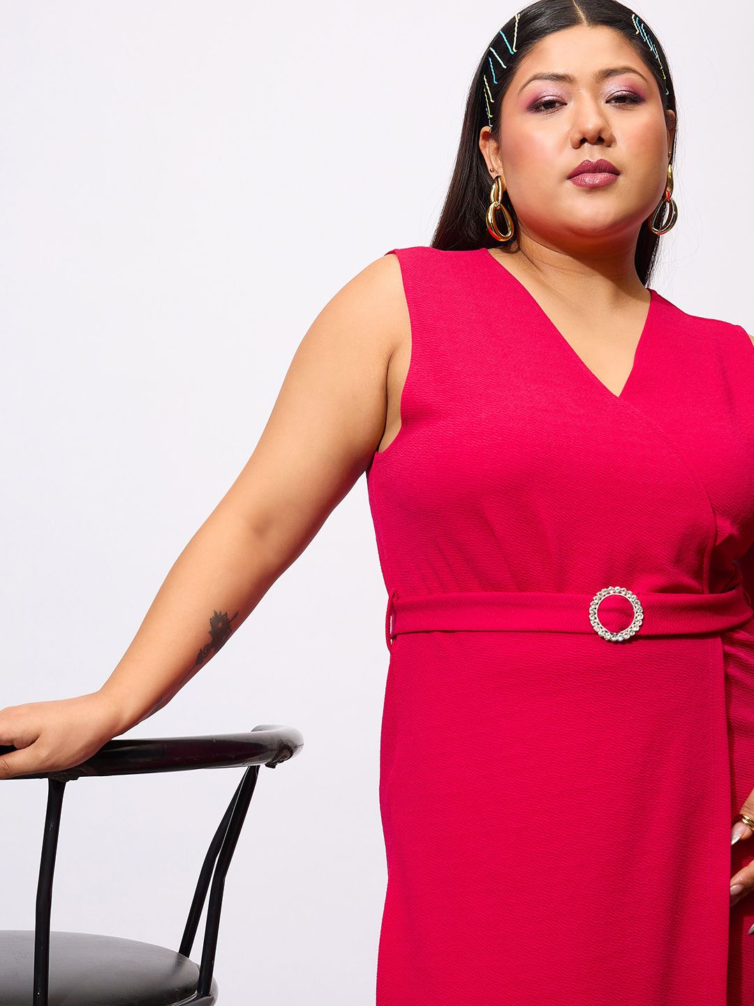 SASSAFRAS Curve Plus Size V-Neck Sleeveless Midi Wrap Dress With Belt