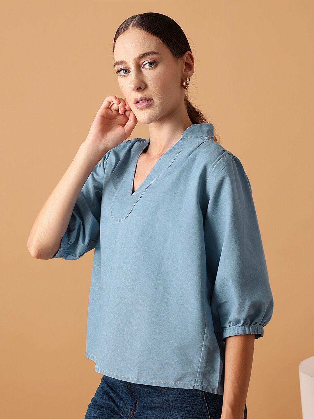STREET 9 Mandarin Collar Pure Cotton Denim Regular Top