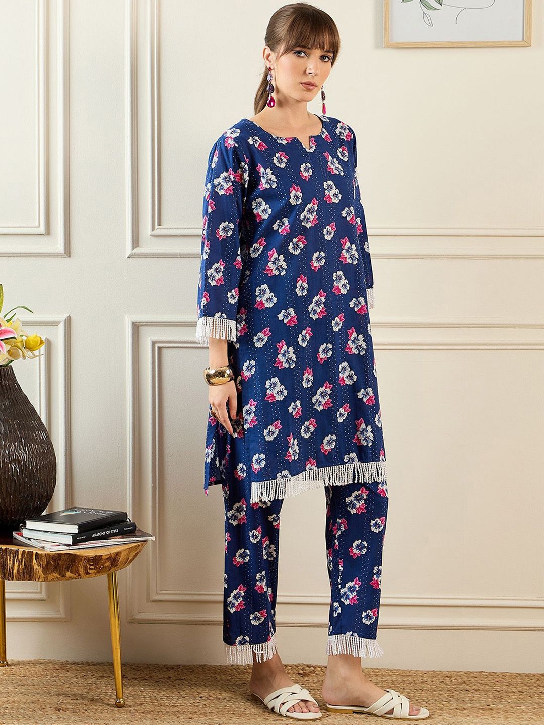 Indo Era Floral Printed Pure Cotton Tunic & Trouser Co-Ords