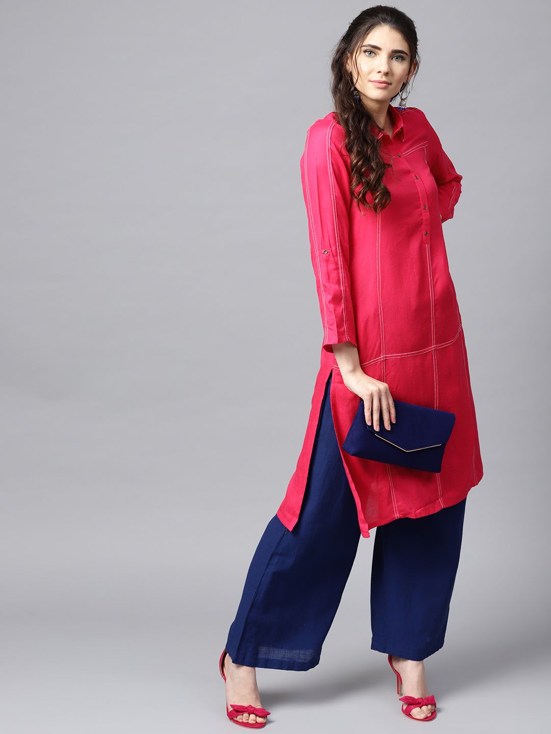 W Women Pink Solid Straight Kurta