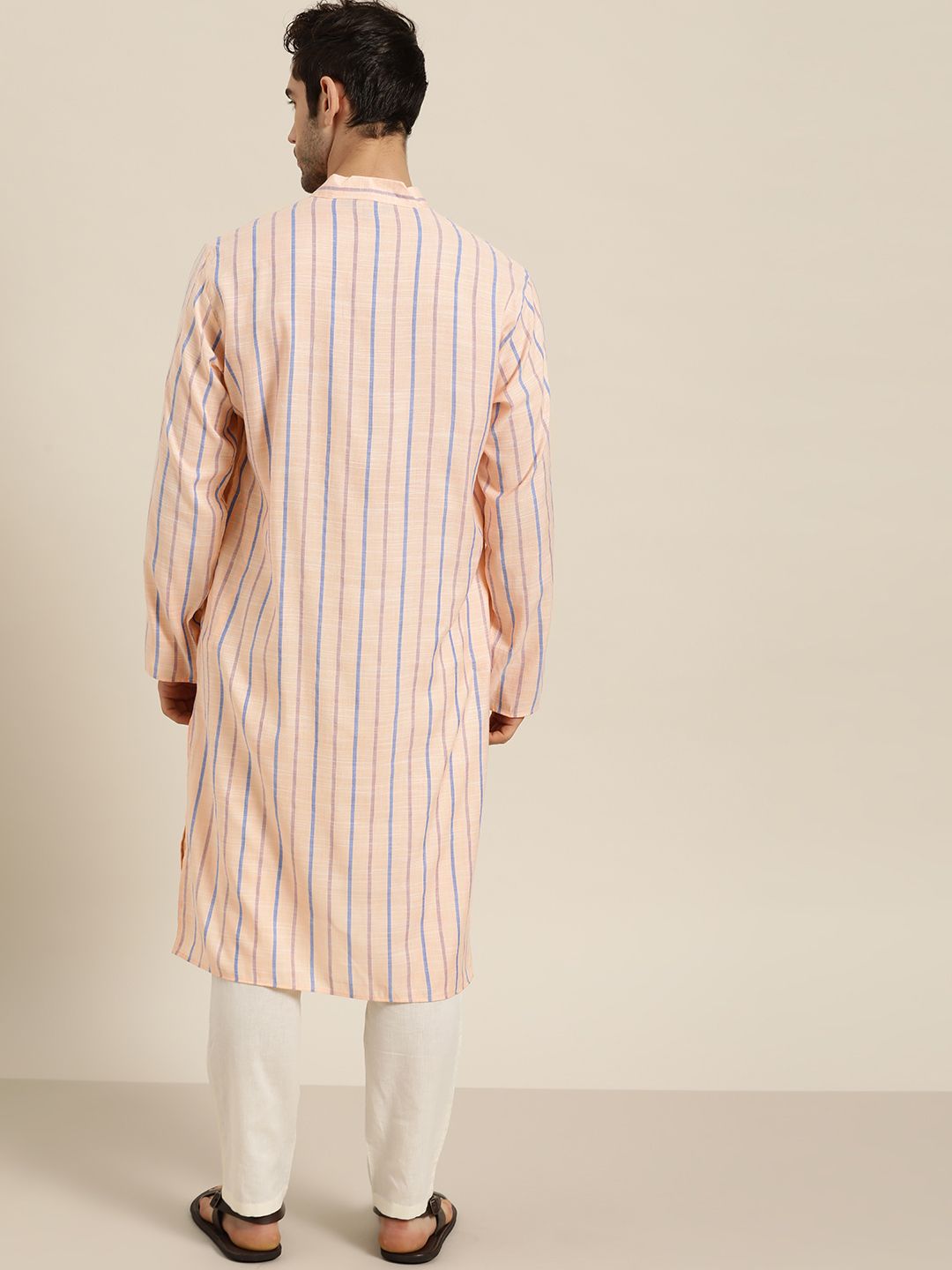 SOJANYA Men Peach-Coloured & Blue Striped Pure Cotton Kurta