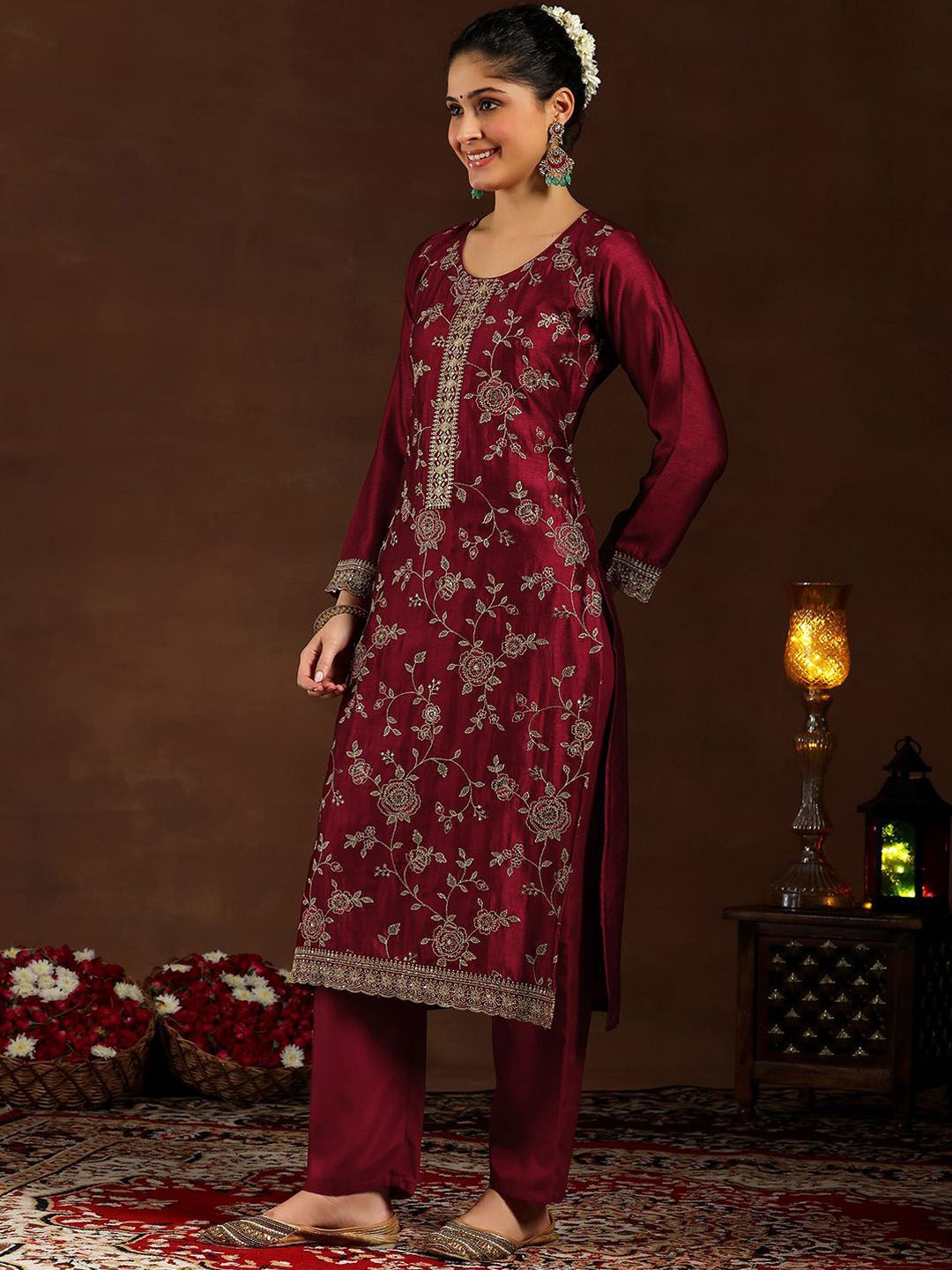 Libas Women Embroidered Regular Sequinned Kurta with Trousers & With Dupatta