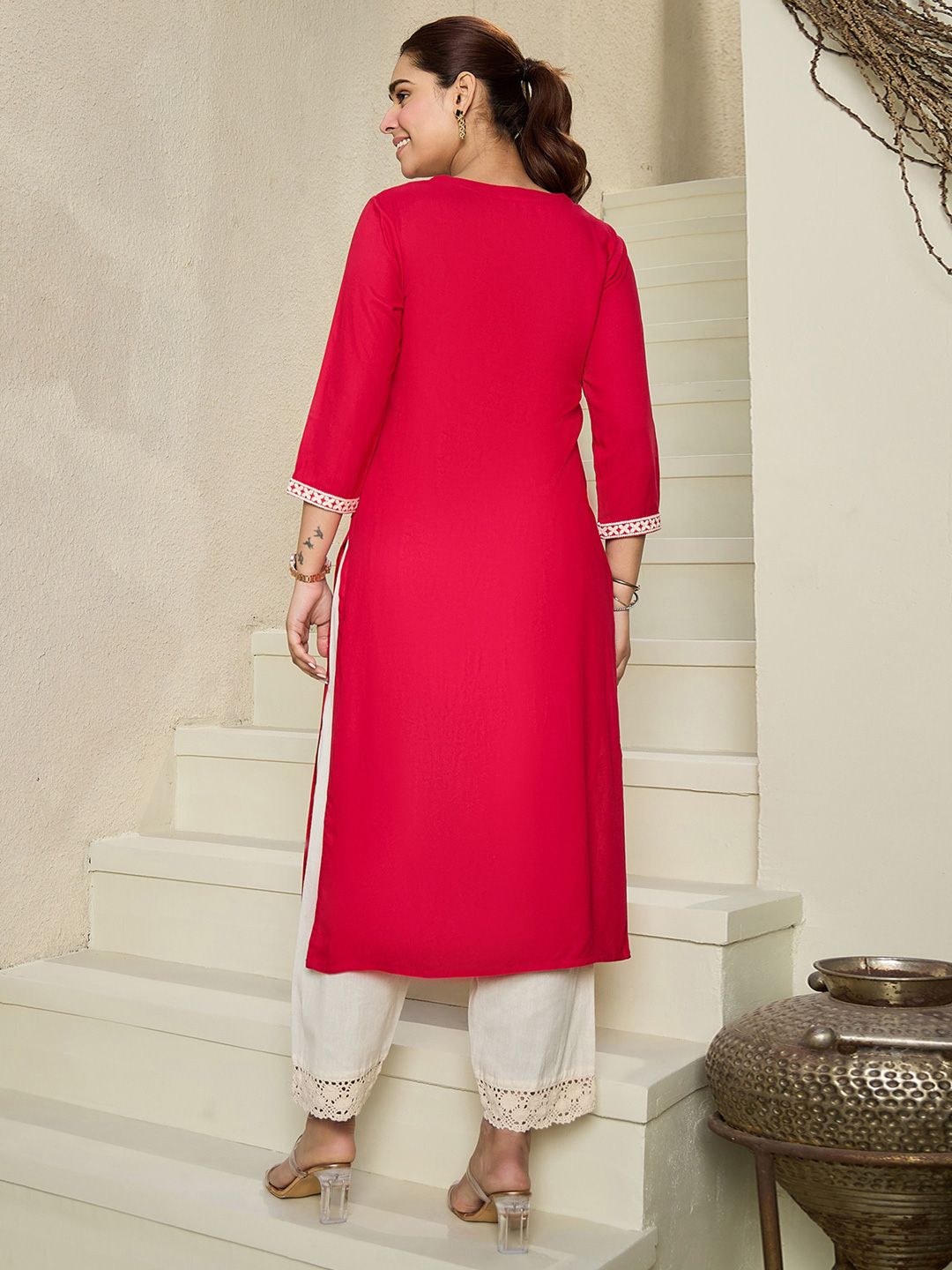 Indo Era Floral Embroidered Notch Neck Kurta