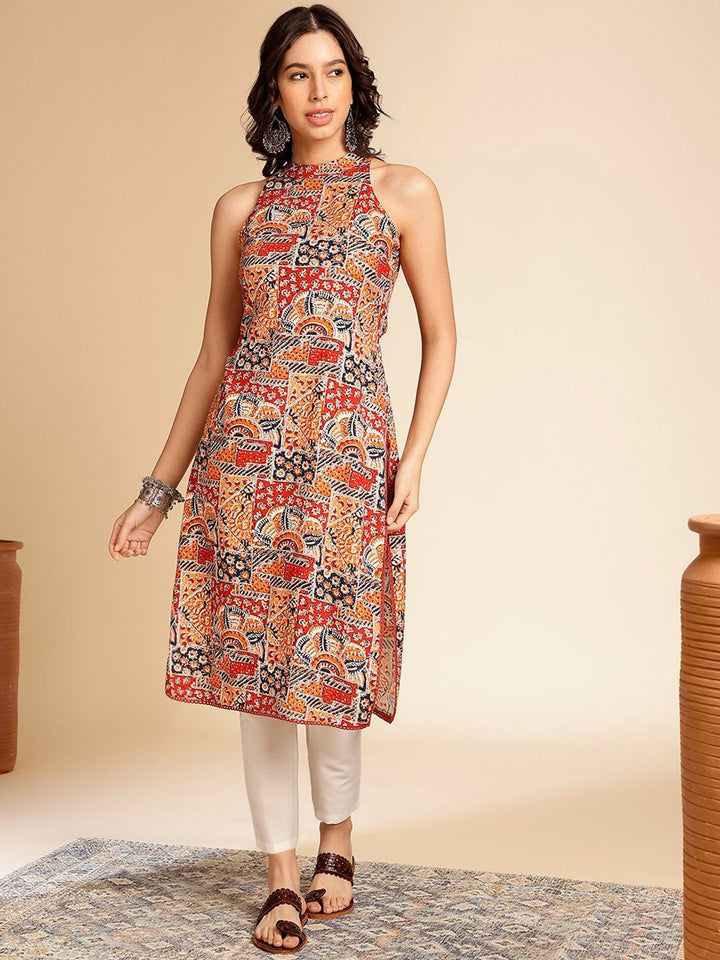 Anouk Geometric Printed Halter Neck Straight Kurta