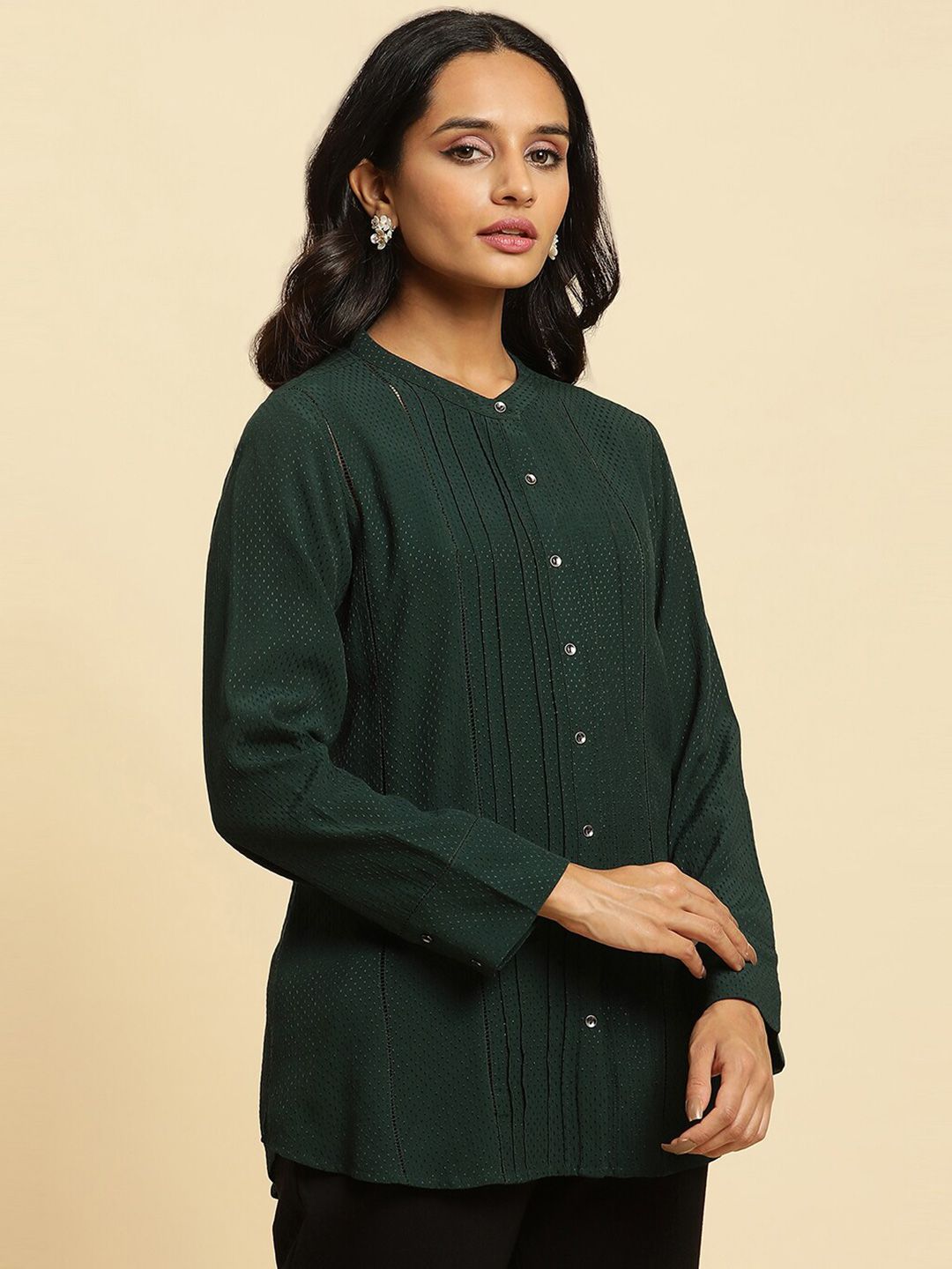 W Green Self Design Mandarin Collar Gathered or Pleated Shirt Style Top