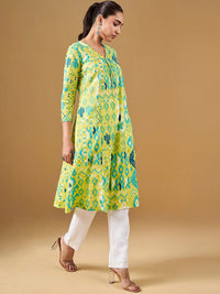 Global Desi Ethnic Motifs Printed V-Neck Cotton A-Line Kurta