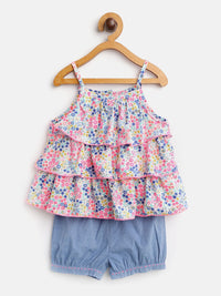 Nauti Nati Girls White & Blue Printed Co-Ords Set