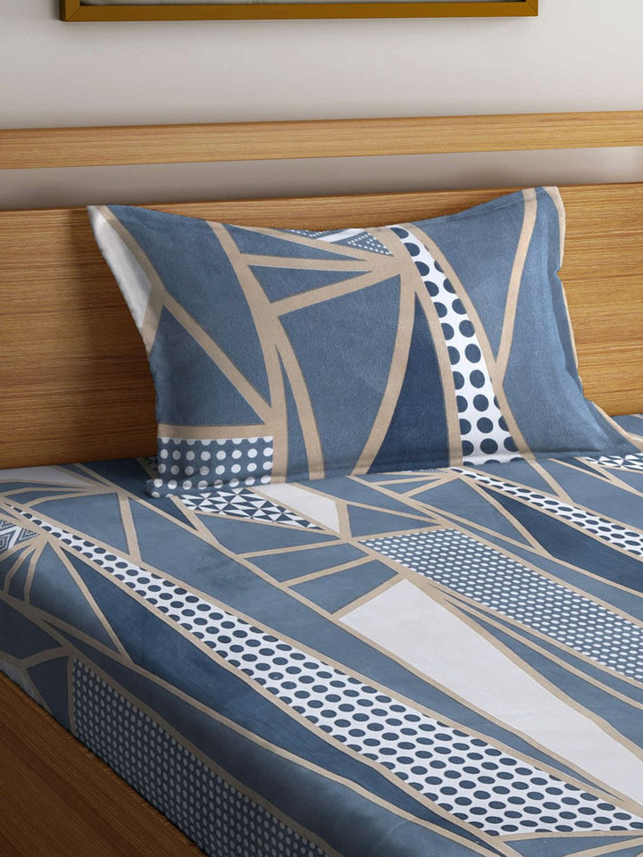 KLOTTHE Biru Kapas Abstrak Boleh Bernafas 300 TC Dilengkapi Cadar Single Halus dengan Sarung Bantal-89 x 59 inci