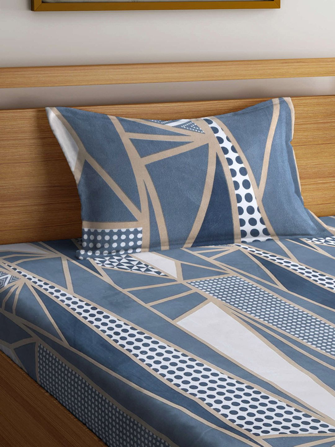 KLOTTHE Biru Kapas Abstrak Boleh Bernafas 300 TC Dilengkapi Cadar Single Halus dengan Sarung Bantal-89 x 59 inci