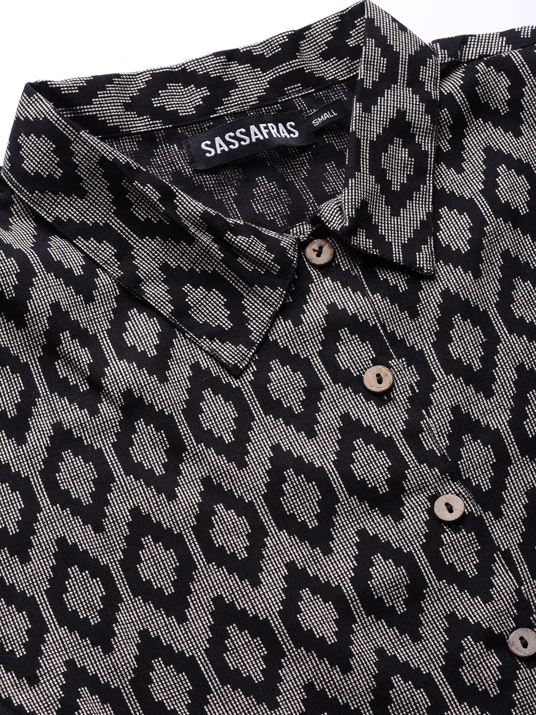 SASSAFRAS Black & Beige Ikat Print Cotton Shirt Dress