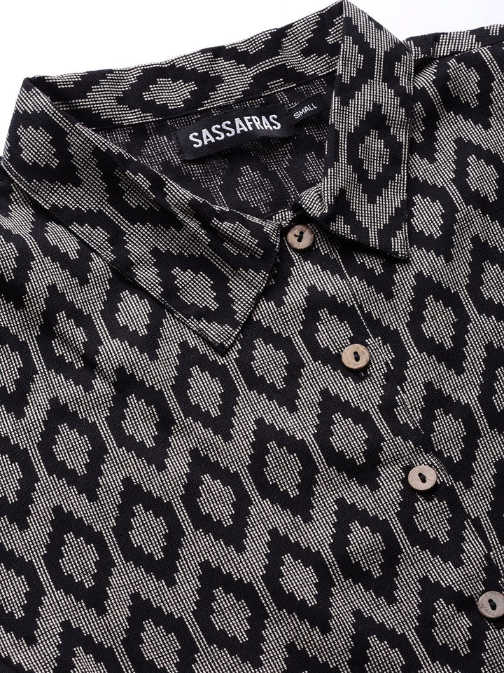 SASSAFRAS Black & Beige Ikat Print Cotton Shirt Dress