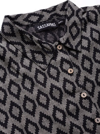SASSAFRAS Black & Beige Ikat Print Cotton Shirt Dress