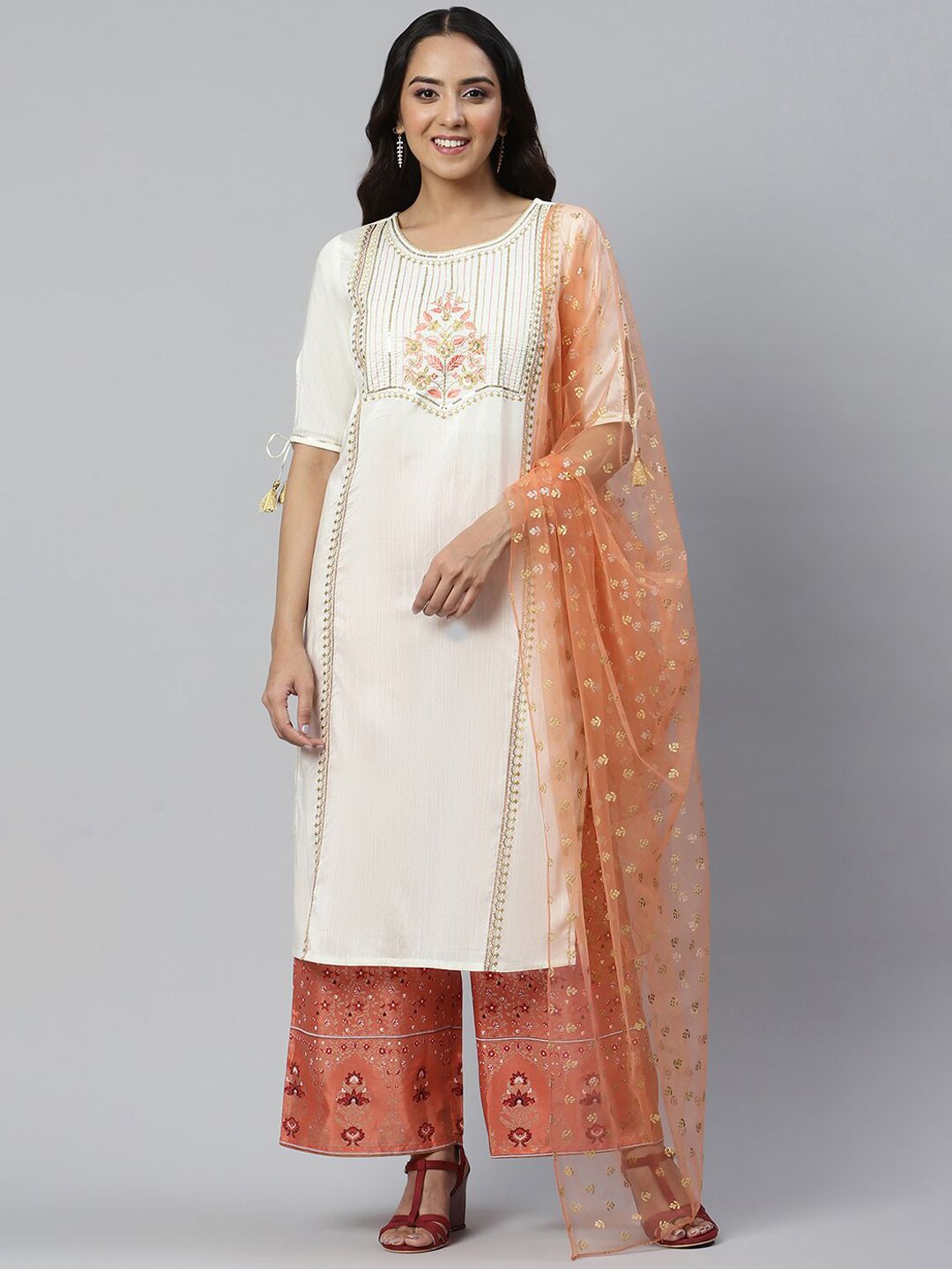AURELIA Women White Yoke Design Panelled Sequined LIVA Kurti with Palazzos & With Dupatta