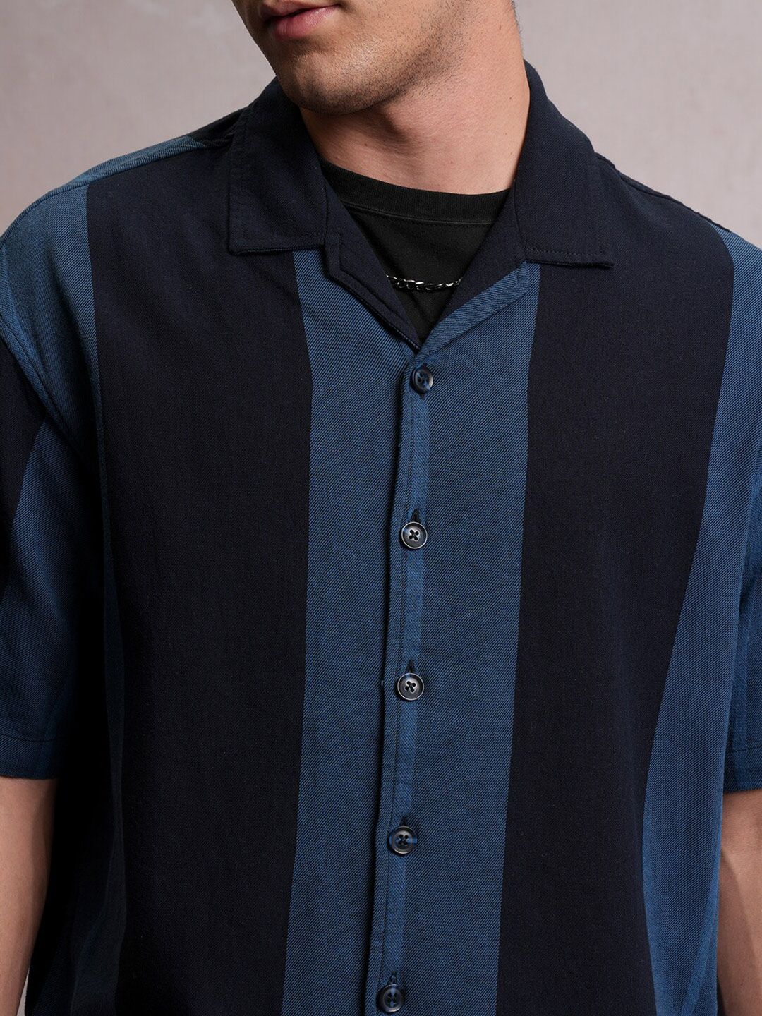 Locomotive Men Navy Dobby Textured Striper Camp Collar Oversized Shirt