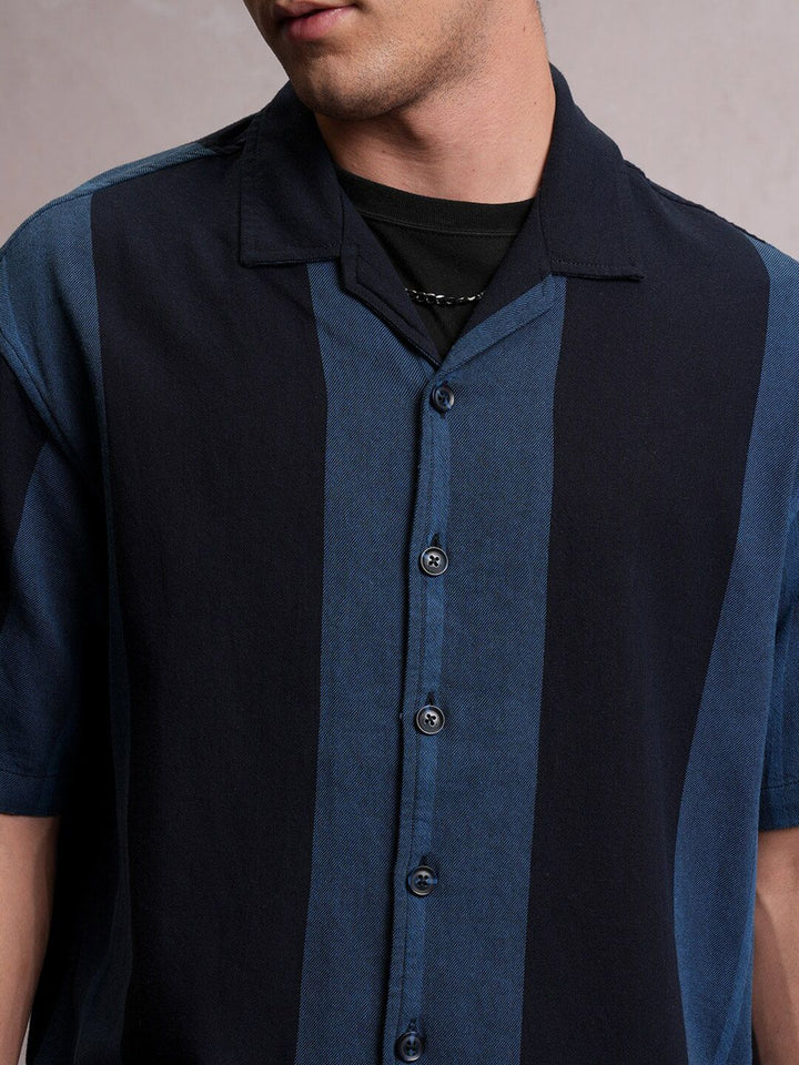 Locomotive Men Navy Dobby Textured Striper Camp Collar Oversized Shirt
