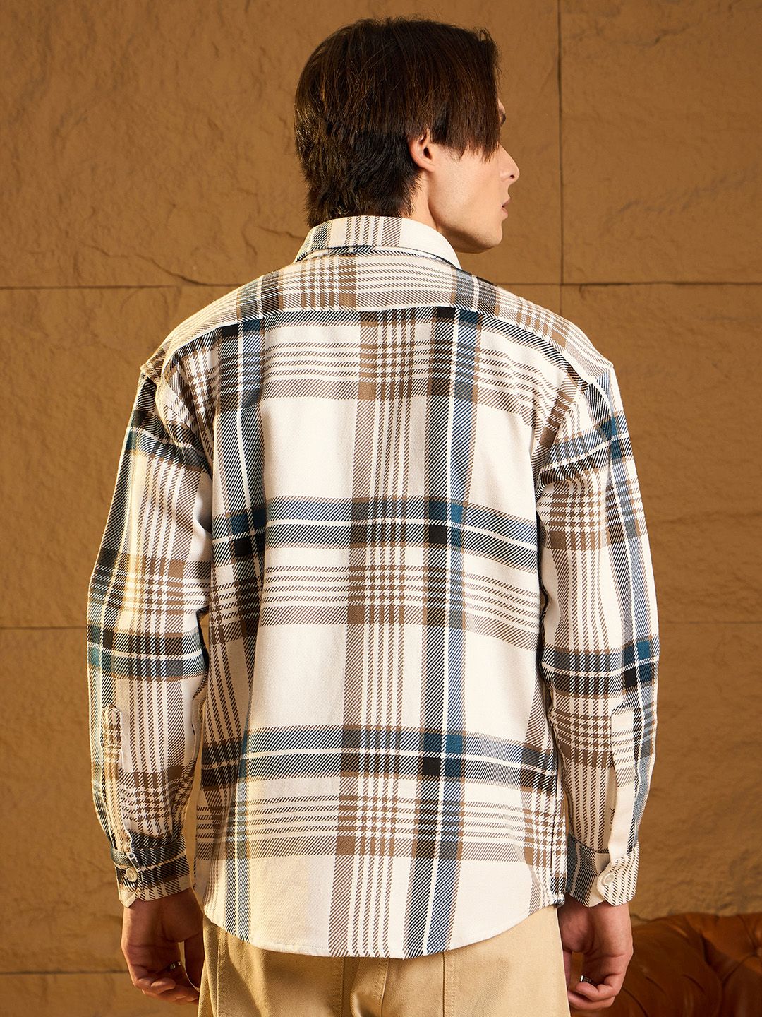 DENNISON Men Double Pocket Drop Shoulder Oversized Cotton Checked Shacket