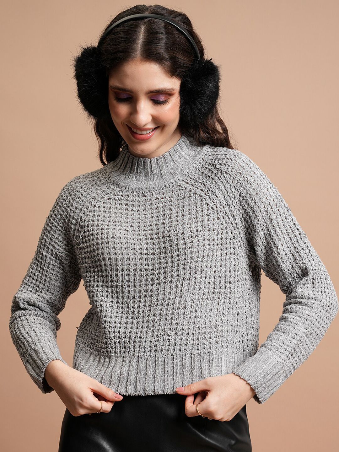 Tokyo Talkies Grey Self Design Turtle Neck Acrylic Pullover