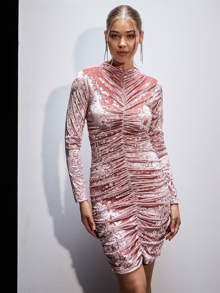 SASSAFRAS Pink High Neck Gathered Detail Velvet Bodycon Dress