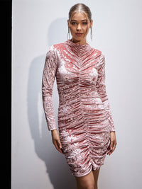 SASSAFRAS Pink High Neck Gathered Detail Velvet Bodycon Dress