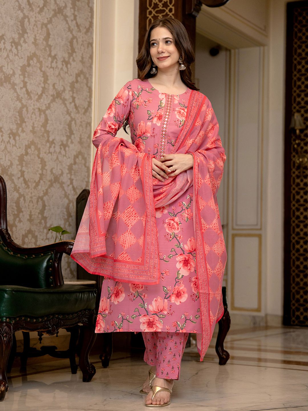 KALINI Floral Printed Mirror Work Straight Kurta With Trousers & Dupatta