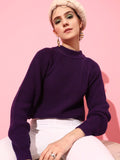 STREET 9 Women Purple Ribbed Long Sleeves Acrylic Pullover