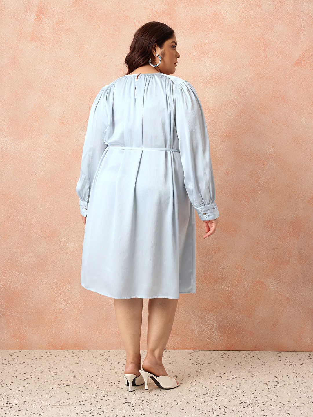 all about you Plus Size Puff Sleeve Satin Finish A-Line Party Dress with Tir-up Detail