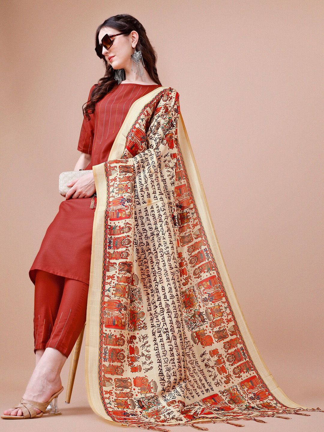 KALINI Striped Embroidered Boat Neck Straight Kurta With Trousers & Dupatta