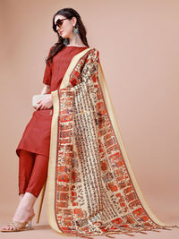 KALINI Striped Embroidered Boat Neck Straight Kurta With Trousers & Dupatta