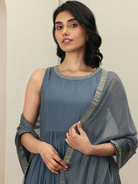 Gerua By Libas Womens Grey Solid Anarkali Kurta With Trousers & Dupatta