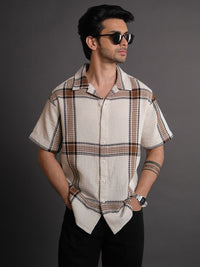 Powerlook Off White India Slim Tartan Checked Cuban Collar Short Sleeves Shacket