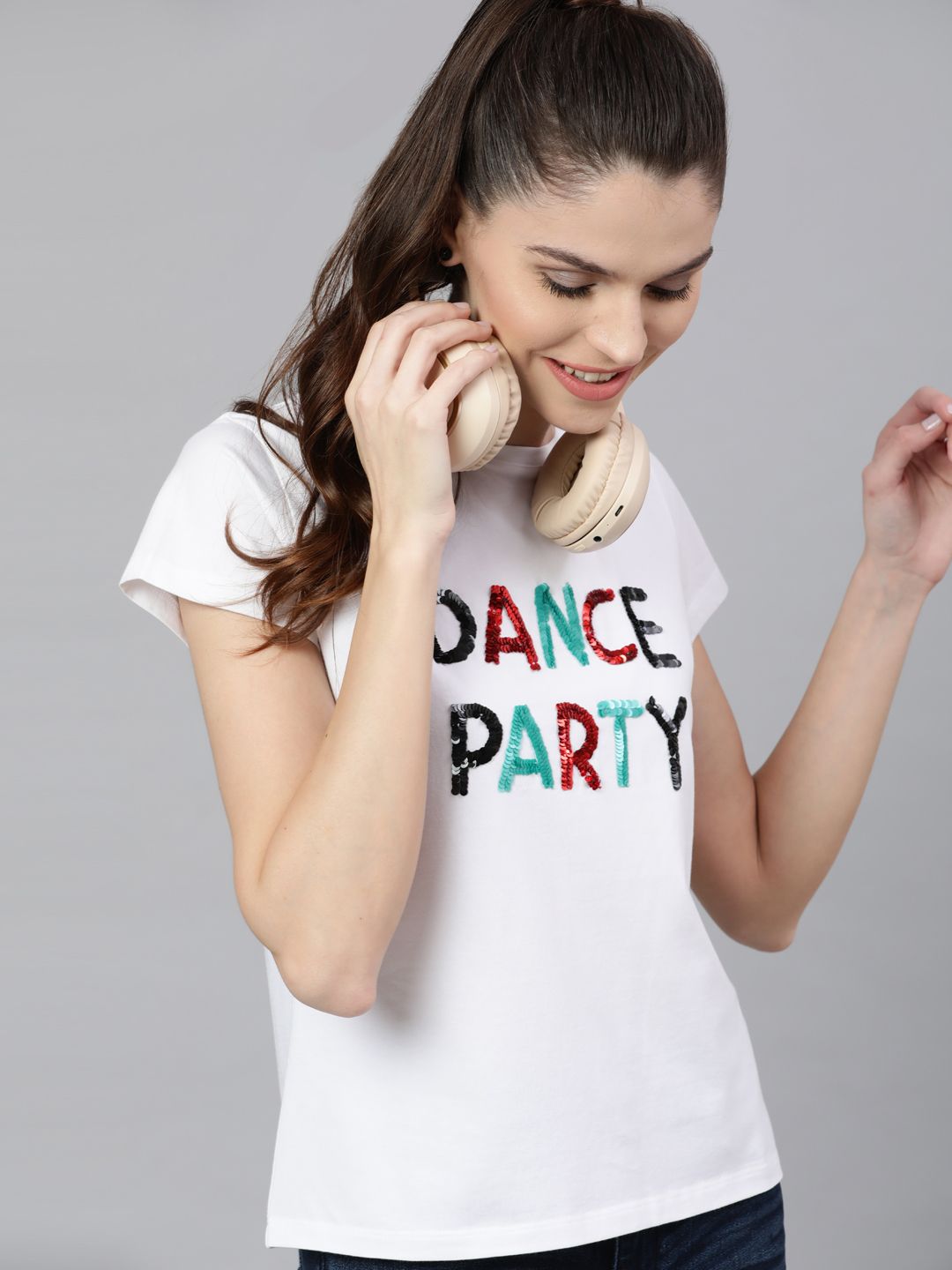 STREET 9 Women White Sequinned Round Neck T-shirt