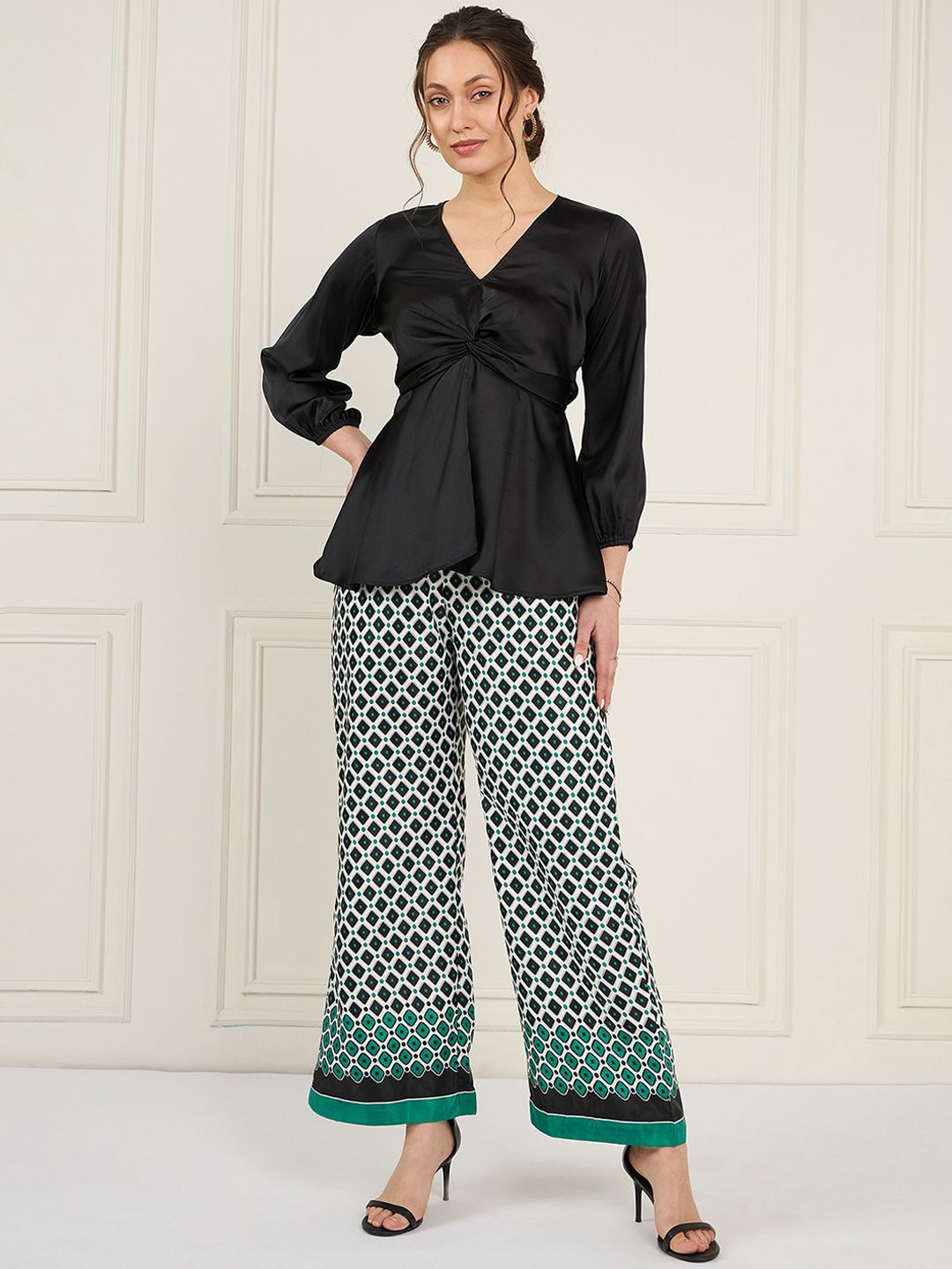 Antheaa Black V-Neck Puff Sleeves Satin Top With Printed Palazzos