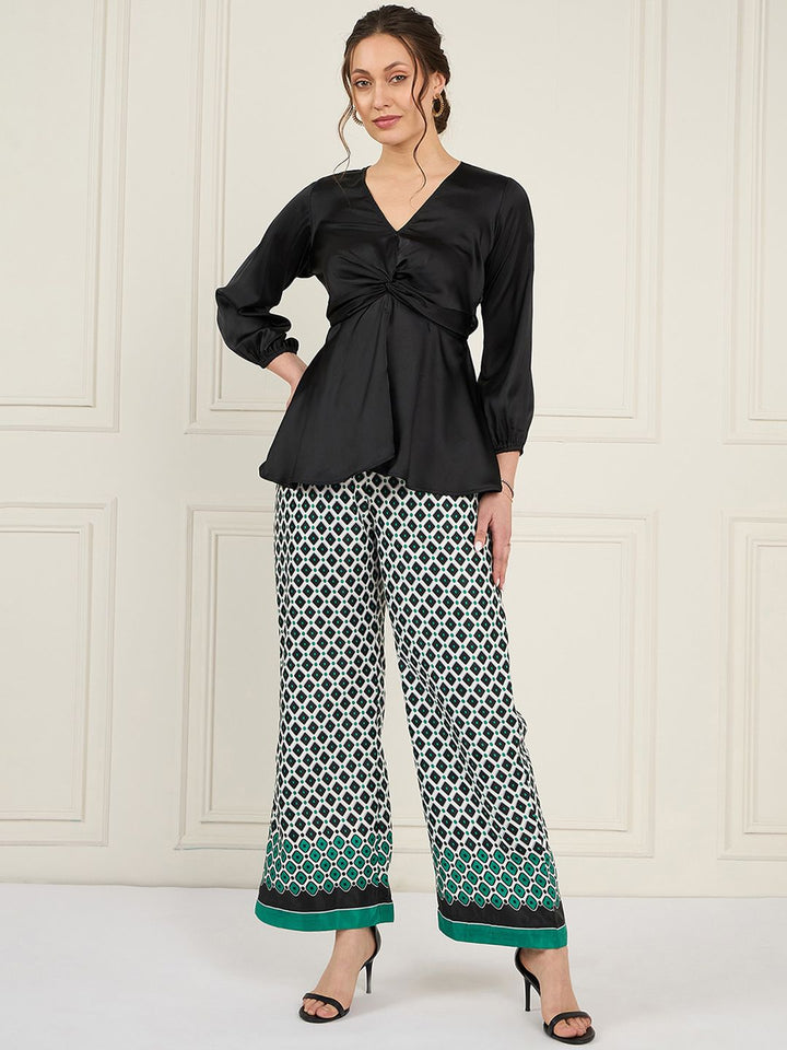 Antheaa Black V-Neck Puff Sleeves Satin Top With Printed Palazzos