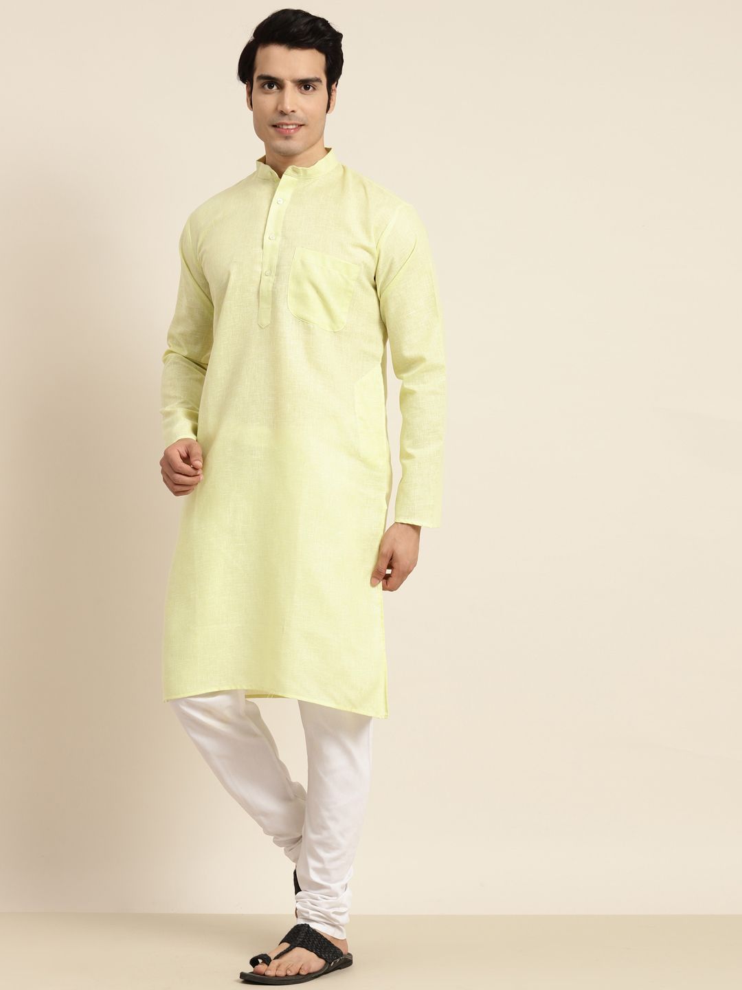 Anug by SOJANYA Men Lime Green Dobby Mandarin Collar Kurta