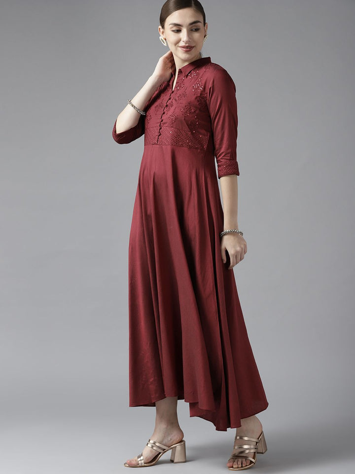 W Maroon Ethnic Motifs Embroidered Maxi Dress