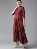 W Maroon Ethnic Motifs Embroidered Maxi Dress
