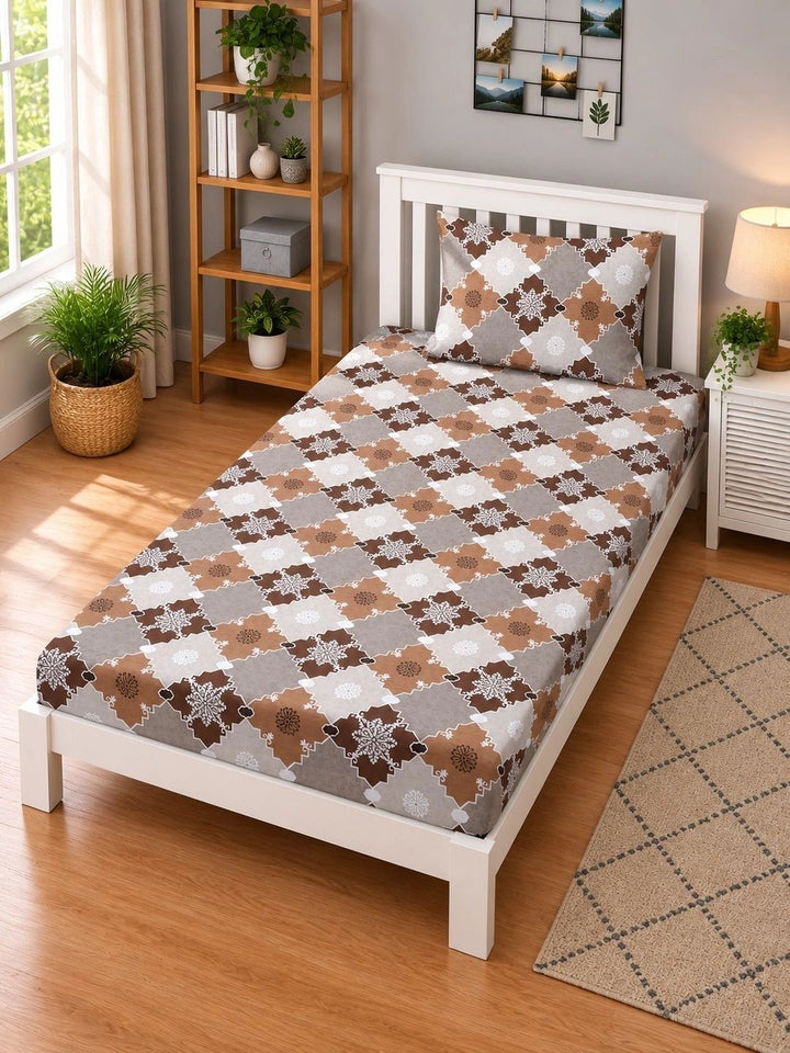 Moda Rapido X KLOTTHE Brown Geometric 400 TC Single Bedsheet with 1 Pillow Covers