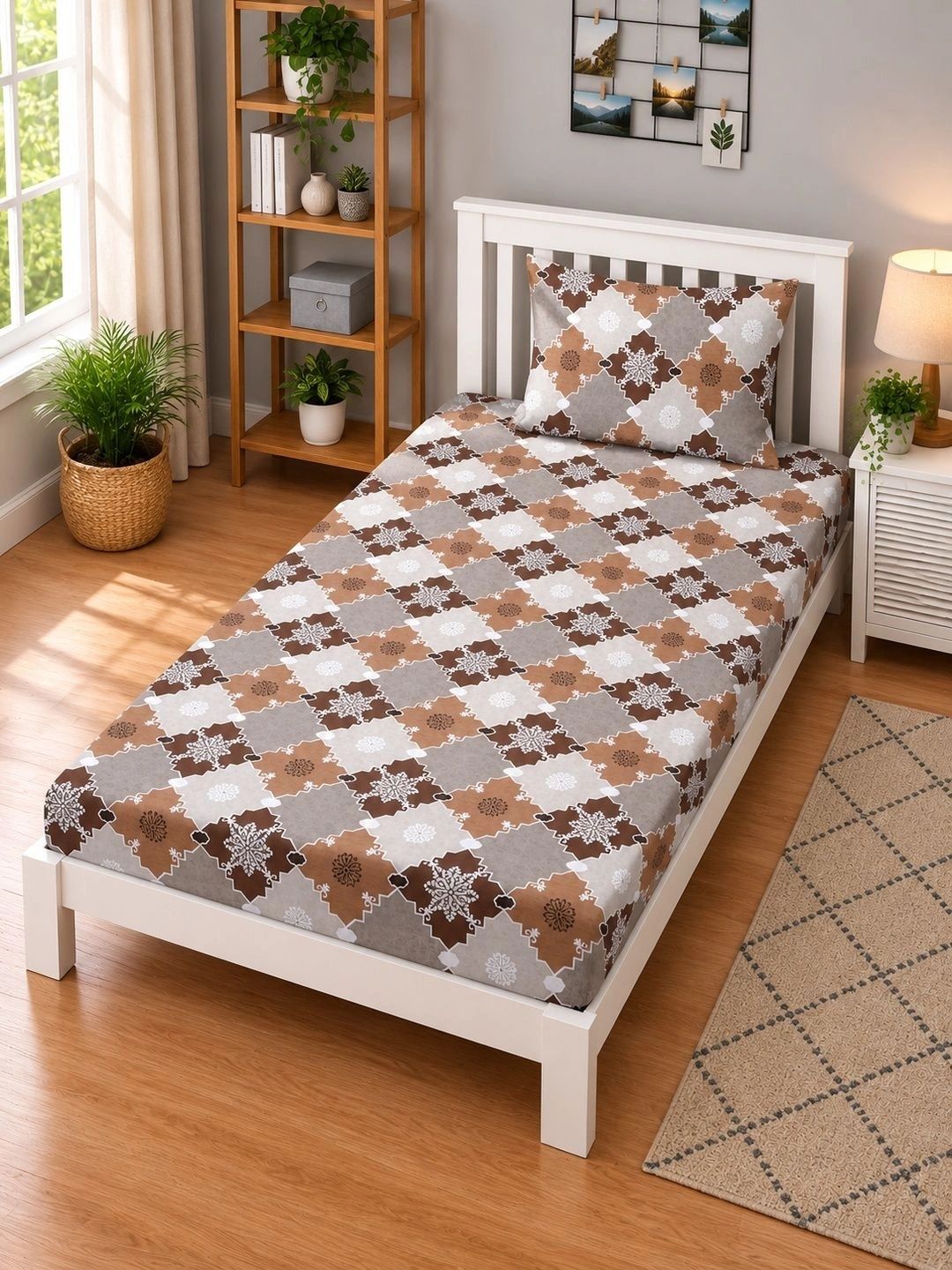 Moda Rapido X KLOTTHE Brown Geometric 400 TC Single Bedsheet with 1 Pillow Covers